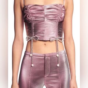 AREA Metallic Crystal Bow Pink Ruched Crop Top